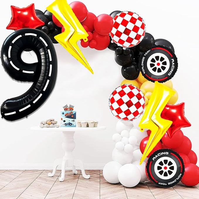 Race Car Birthday Party Decorations Large Lightning Bolt Foil Balloons Race Car Balloons 40 Inch Racetrack Number 9 Balloon for Boys 9th Race Car Birthday Party Decor Supplies