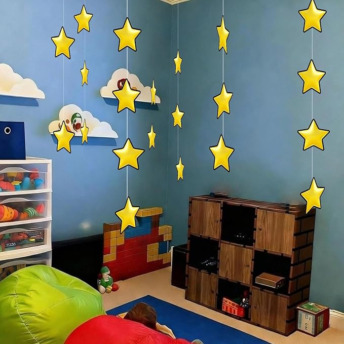 Epakh 24 Pcs Super Themed Party Decorations Hanging Birthday Party Decoration Gold Video Game Theme Ornaments Banners for Baby Shower Favors Super Game Room Home Supplies(Star)