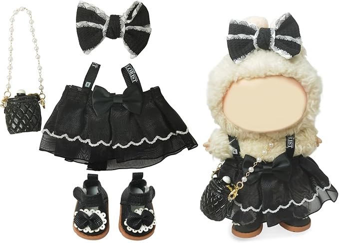 Clothes Compatible with LABUBU Doll – 4PCS Black Classic Dress Set, 17cm Doll Clothes Designer Outfit for Balletcore Elegance Theme, Chic Stylish Accessories for Labubu, No Doll (Black Swan Belle)
