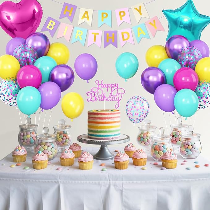 Pink Blue Purple Birthday Decorations for Women Girls, Hot Pink Blue Latex Balloon Decor Happy Birthday Banner Star Heart Foil Balloons Cake Topper Party Supplies
