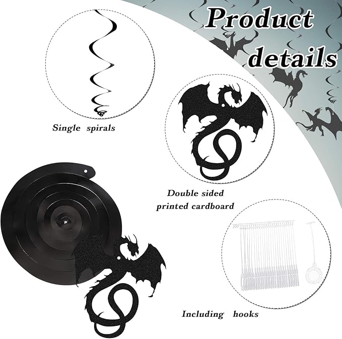 Sumind 30 Pcs Dragon Party Decoration Swirl Foil Hanging Ceiling Decoration for Dragon Themed Birthday Medieval Themed Party, 10 Designs(Black)