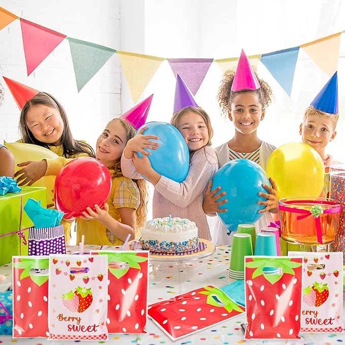 Strawberry Party Favors Bags - 50Pcs Red Pink Strawberry Goody Candy Treat Bags, Summer Berry Theme Party Favor Supplies Decorations for Kids Birthday Baby Shower Wedding