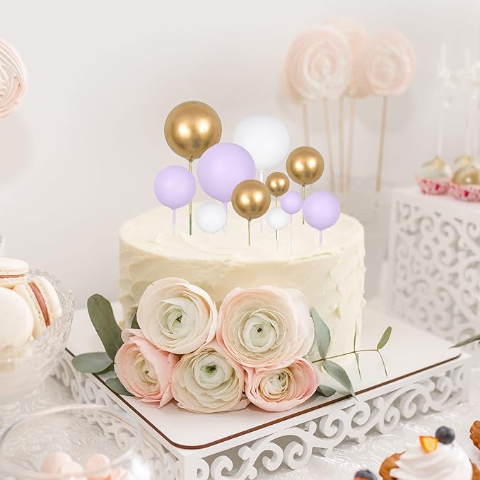Gyufise 30Pcs Ball Cake Topper Ball Cake Picks Colorful Pearl Ball Shaped Cupcake Insert Cake Topper for Babyshower Birthday Party Favors Wedding Decoration Supplies Purple White Gold