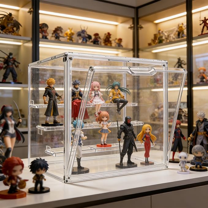 Clear Acrylic Display Case for Collectibles Storage Box 4 Tiers Stackable Showcase with 3 Movable Plates,Magnetic Door for Action Figures Mini Potted Plants Blind Box (2 Packs,XL,14.2"x 8.7"x 10.6")