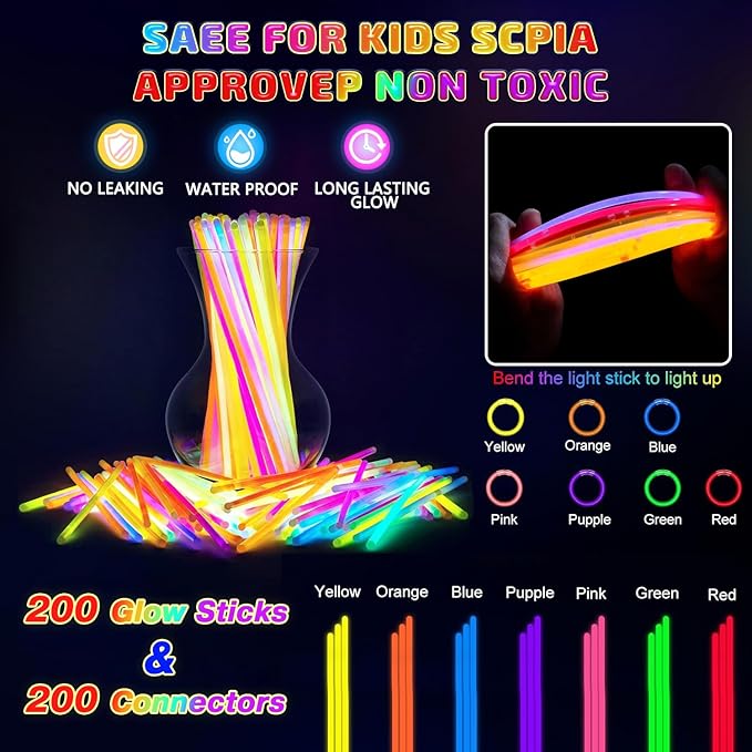 500 Pcs Glow Sticks Bulk Party Pack, 8'' Glow in the Dark Party Supplies, Glow in the Dark Light Up Sticks with Connectors, Party Favors for Birthday, Concert, Raves, Halloween, Christmas