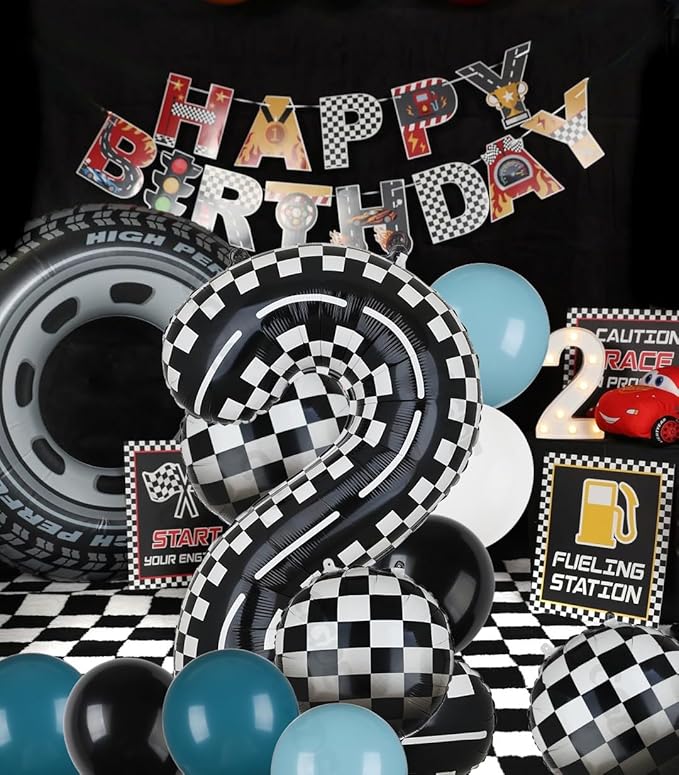 40 Inch Checkered Racetrack Number Balloon 2 Black and White Race Car Balloon Bundle Blue Black Race Car Latex Balloon Boy Two Fast Race Car 2nd Birthday Race Car Theme Party Decor Supplies 21 Pcs Kit