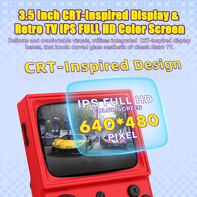 R36T Retro Gaming Console, 3.5'' IPS Screen CRT-Inspired, Handheld Game Console with 18000+ Classic Games Supports WiFi Networked Fighting and OTG, 3500mAh Battery, with Portable Case(Red 64GB)
