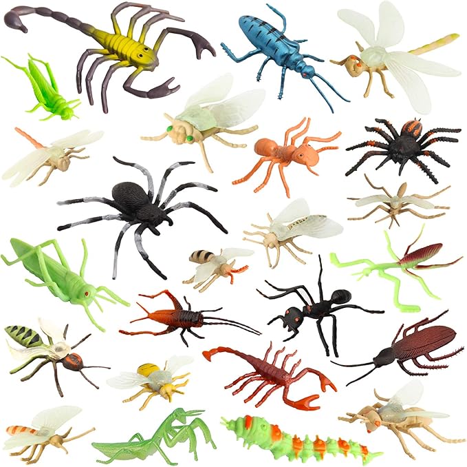 Insect Bug Toy Figures for Kids Boys Girls (24pcs), 2-4” Fake Bugs - Fake Spiders, Cockroaches, Scorpions, Crickets, Lady Bugs, Mantis and Worms for Education and Christmas Party Favors by Pinowu