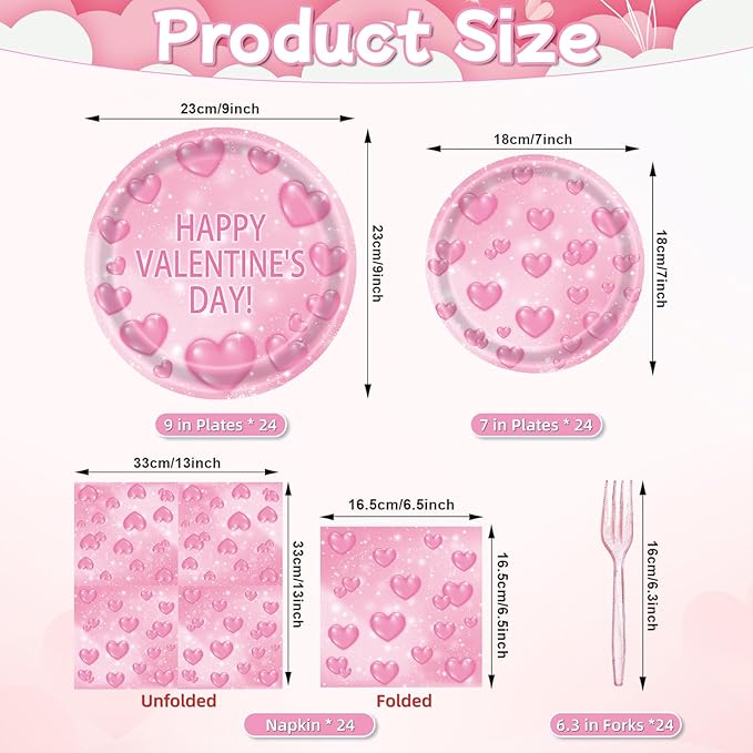96 Pieces Valentine’s Day Tableware Set – Pink Heart Disposable Plates and Napkins for Romantic Dinners, Weddings, Anniversaries, and Valentine Parties – Serves 24 Guests