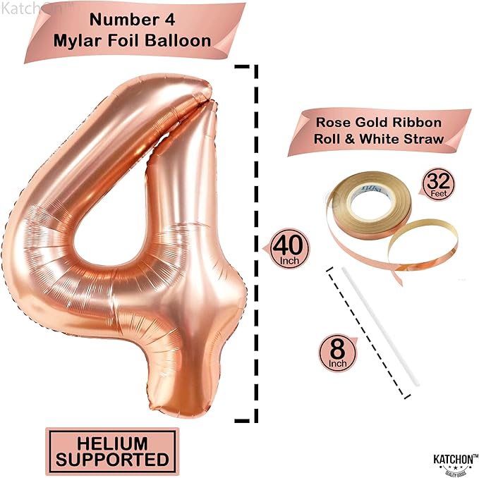 KatchOn, Rose Gold Number 4 Balloons - 40 Inch | Foil Number 4 Balloons for Birthdays | 4th Birthday Balloons, 4th Birthday Decorations Girl | Rose Gold Four Balloon, 4 Year Old Birthday Decorations