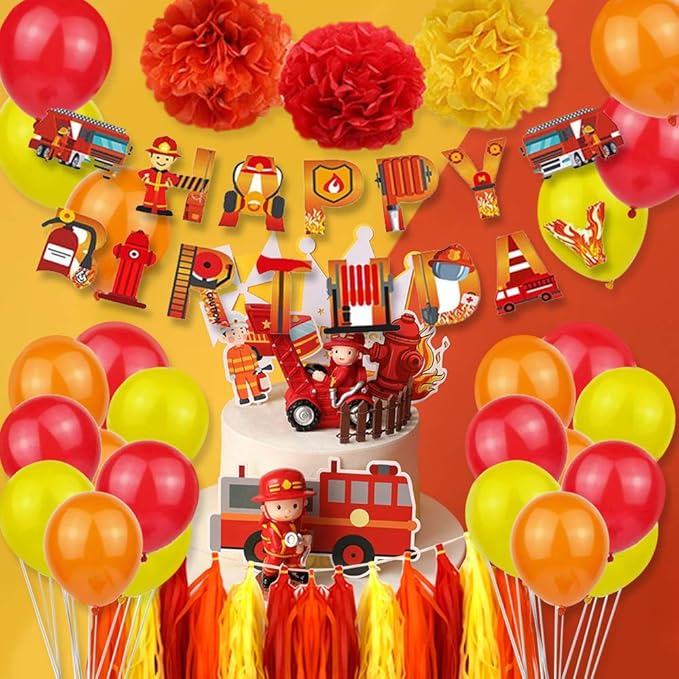 Fire Truck Party Supplies - Fireman Happy Birthday Banner, Paper Pom Pom Tissue Tassels, Firefighter Birthday Balloon, Fire Truck Party Decorations