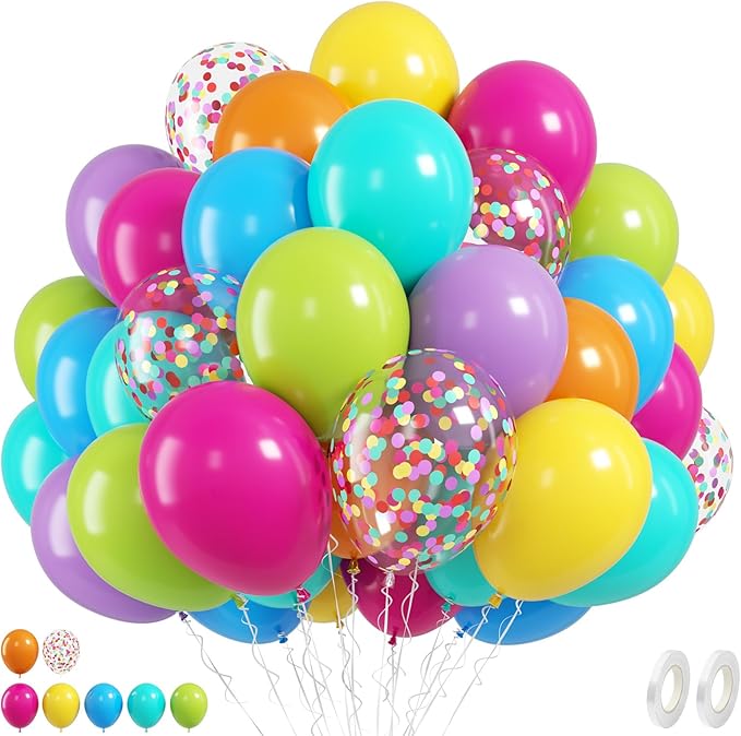 FunHot Colorful Balloons, 50 Pcs Summer Balloon, 12 Inch Green Purple Hot Pink Blue Latex Balloons, Rainbow Confetti Helium Balloon for Baby Shower Birthday Beach Engagement Hawaii Party Decorations