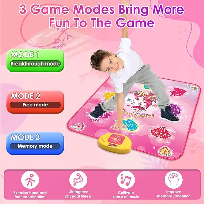 Unicorn Dance Mat Toys for 3 4-7 8 9 10-12 Year Old Girl Birthday Gifts, Pink Music Dance Pad with 6 Game Modes, Electronic Dancing Mat Toys for Girls, Adjustable Volume, LED Light