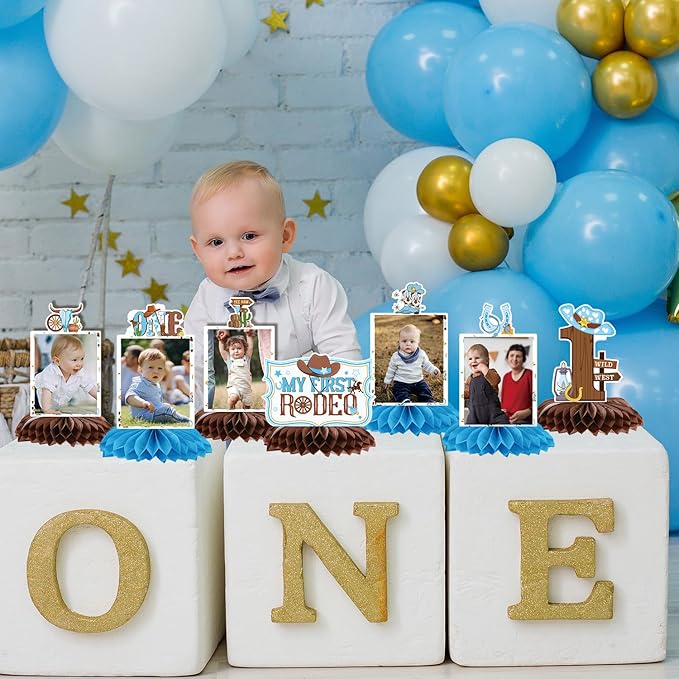 Gameza My First Rodeo Decorations Boy - 8PCS Cowboy Party Decoration 1st Happy Birthday Decor Honeycomb Centerpieces Western Rodeo Themed Party Supplies Photo Table Centerpiece Supplies for Baby Boys