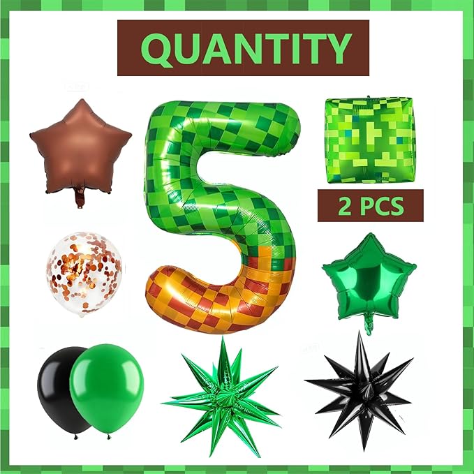 Green Pixel Miner Number 5 Foil Balloon Set 40 Inch Large Mylar Mining Theme Brown 5th Number Balloons Pixel Cubes Boxes Video Game Birthday Party Decorations 10Pcs
