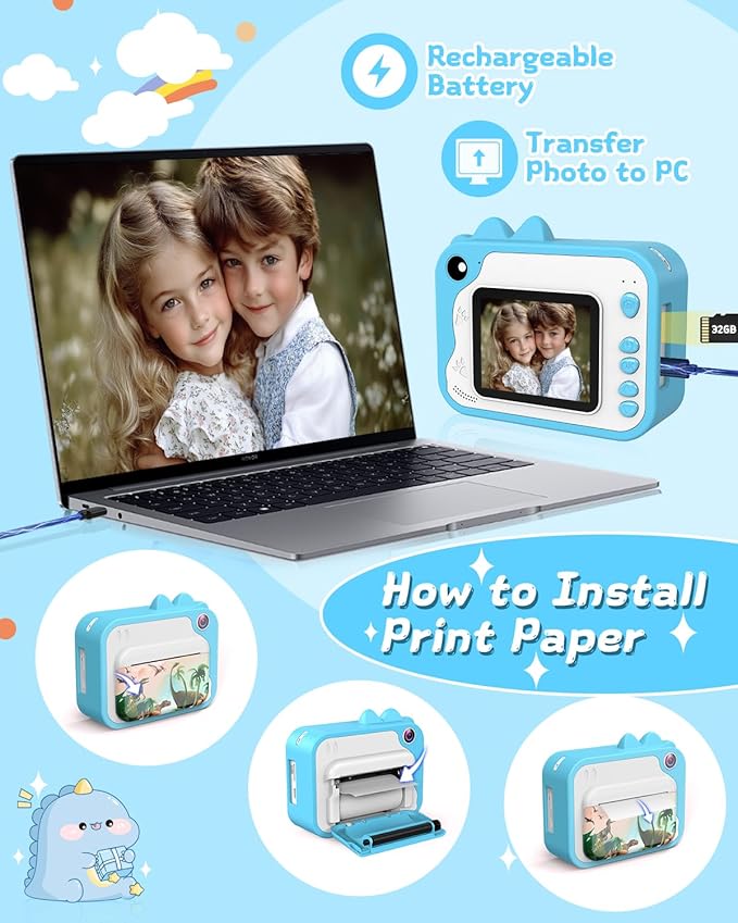Kids Instant Print Camera 1080p for Ages 3-12 - Ink Free Printing Dinosaur Toddler Camera, Christmas Birthday Gifts for Boys Girls 3-12 Years Old (Blue)