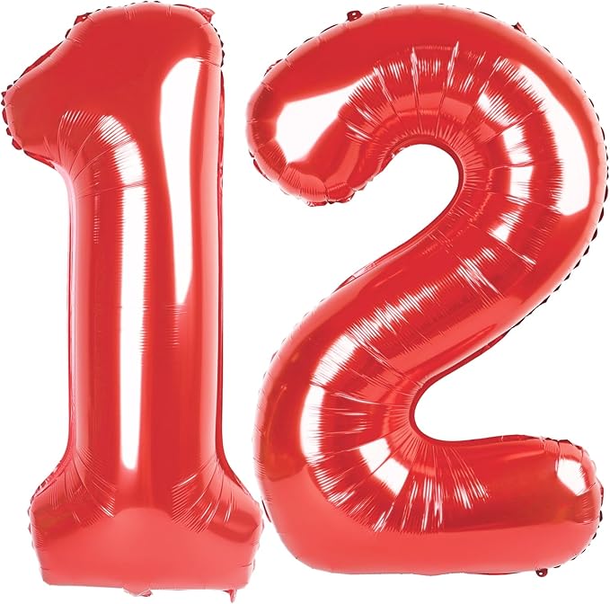 Red Number 12 Balloon 40 inch, 12 Number Balloons, 12th Red Birthday Decorations, 12 Year Old Girls Boys Party Supplies