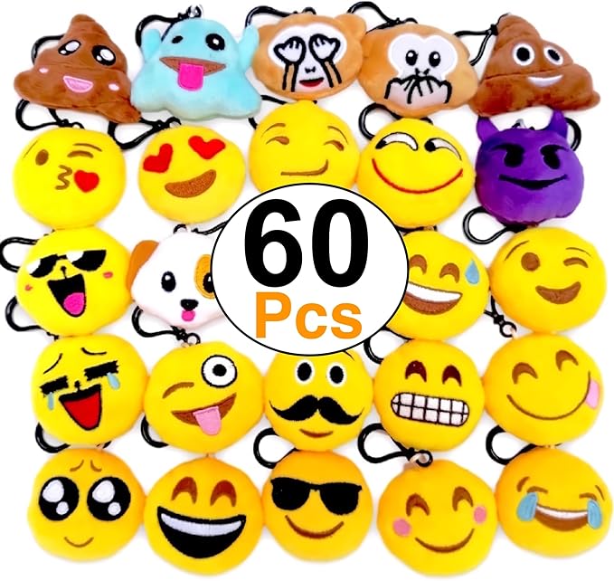 OHill 60 Pack Mini Plush Emoticon Keychain Mini Pillows Key Ring for Birthday Event Party Favors Supplies