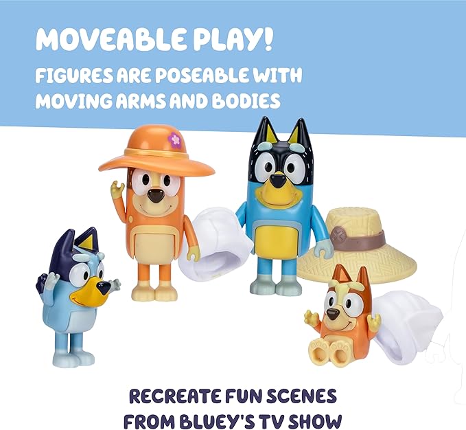 Bluey Family Figures Trip Pack of 4, Articulated Character Toys with Bingo, Bandit, and Chilli Figurines, Action Figures for Kids Ages 3+