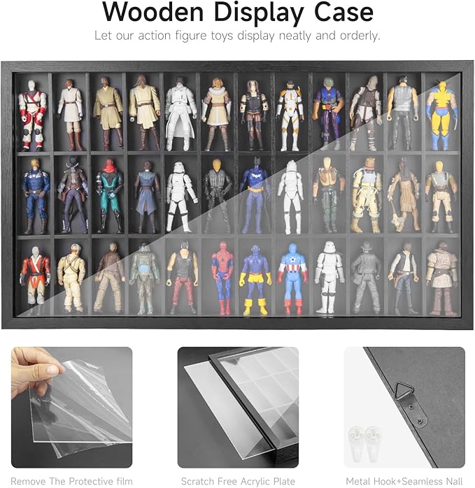 Wooden Display Case for 3.75 inch Action Figures, Wall Mounted 36 Compartments Collectors Showcase,Fit for 1/18 Scale Star Wars / GI Joe / Marvel Action Figure Toy Black