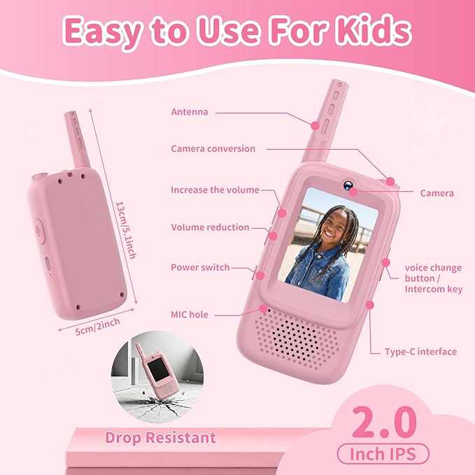 Video Walkie Talkies for Kids, 2 Pack Rechargeable Long Range Walkie-Talkie with HD Camera, Birthday Gift Toys for Girls Boys Ages 3-12 Indoor Outdoor Toys for Family Games, Camping, Hiking, Pink