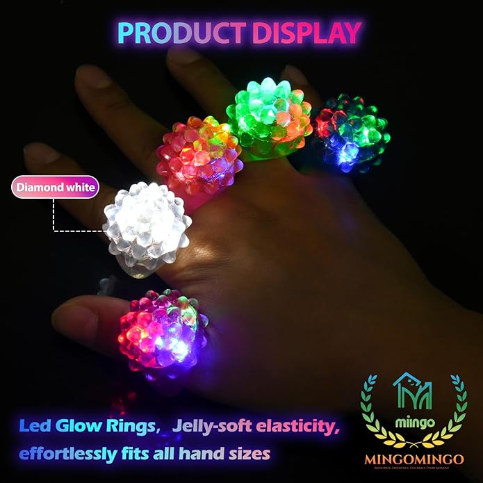 MINGOMINGO 25 Pack LED Light Up Rings & Glow Rings Bulk Party Favors - Non-Candy Easter Egg Fillers & Classroom Rewards, Treasure Box Toys, 3-Mode Flashing Ring Glow Party Supplies