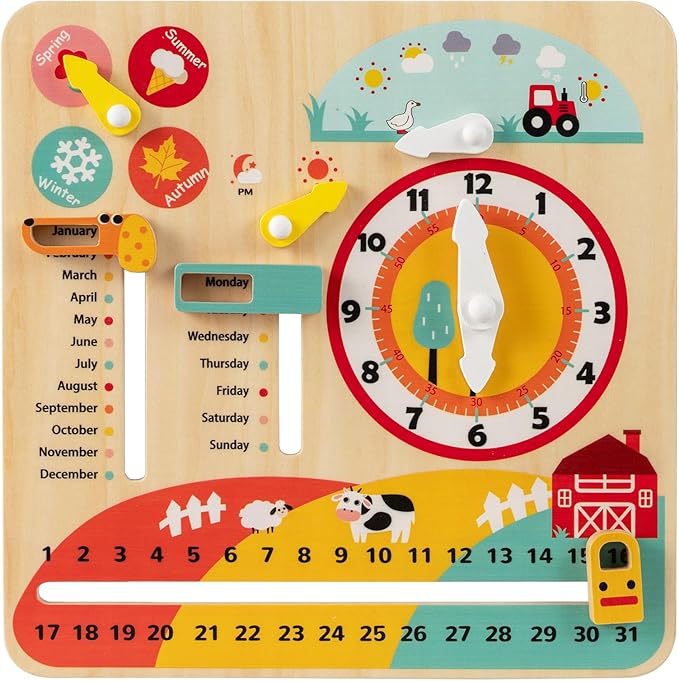 Costzon Montessori Kids Daily Learning Clock Toy, Wooden Educational Learning Clock Toy About Season, Weather, Day, Night, Month, Week & Date, Toddlers Daily Calendar for Preschool Boys Girls Aged 3+