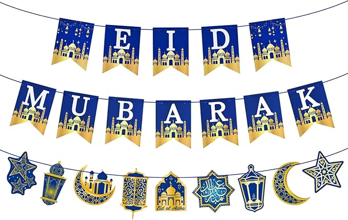 AhfuLife Eid Mubarak Banner Decorations, Pre-tied Eid Mubarak Bunting Banner Party Supplies for Home Outdoor Umrah Mubarak Party Decor Moon Star Garland