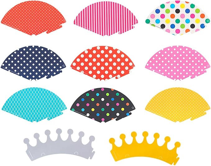 Party Hats for Kids Birthday Hats, DIY Mini Cone and Crown Set with Pom Poms, Small Paper Caps for Stuffed Animals, Pets or Toddler Decorations, Assorted Rainbow Colors