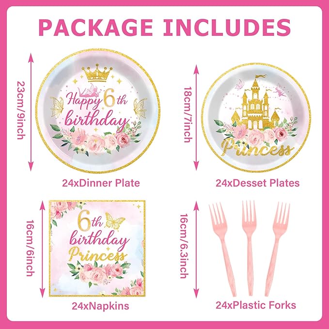 96PCS Princess 6th Birthday Party Plates and Napkins and Forks Set for Princess Party Pastel Castle Dessert Plates Disposable Decor Pink Gold Tableware Set for 6th Theme Party Favors Decorations