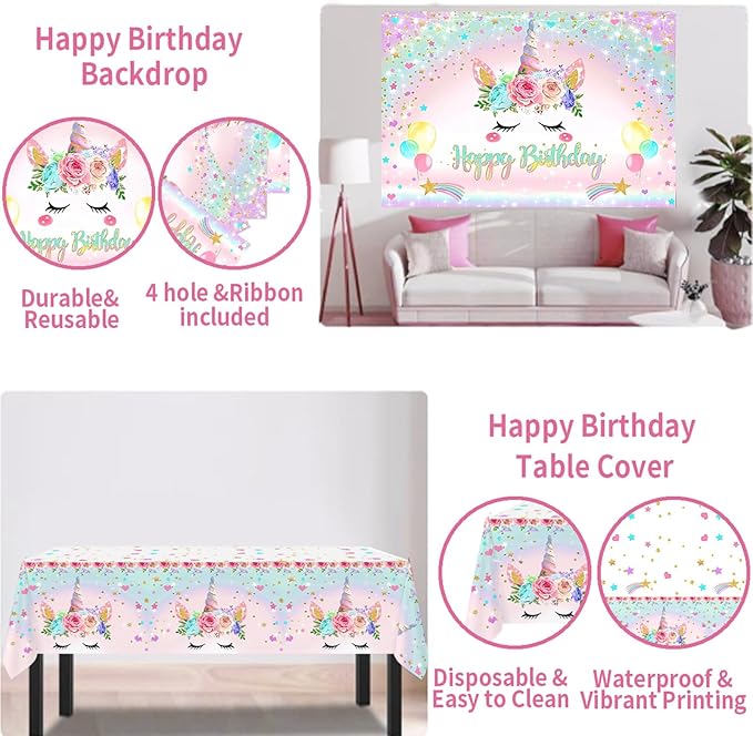 Unicorn Birthday Decorations for Girls,118pcs Unicorn Theme Party Supplies with Balloon Garland Arch Kit Backdrop and Tablecloth for Girls Women Birthday Party Decorations
