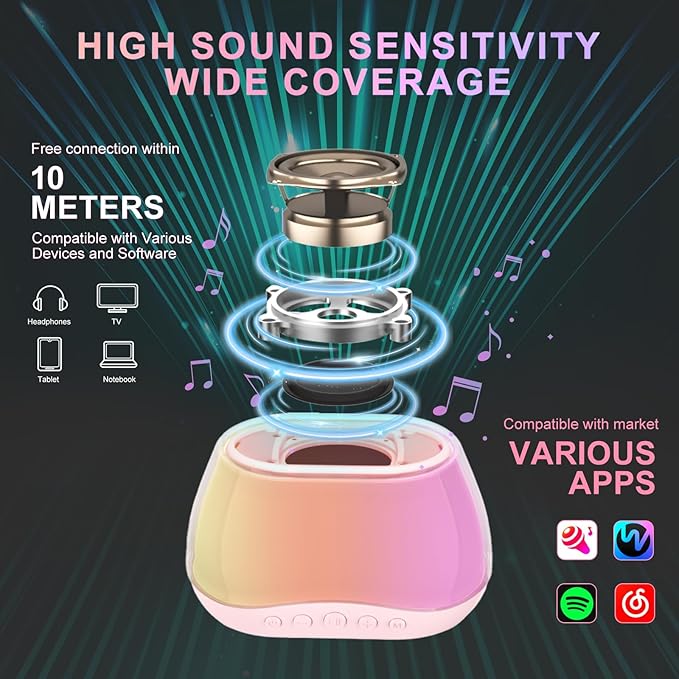 Portable Bluetooth Mini Karaoke Machine with 2 Wireless Microphone & LED Lights, Mini Karaoke Speaker for Kids & Adults, Birthday for Girls Boys Ages 3-12, Pink