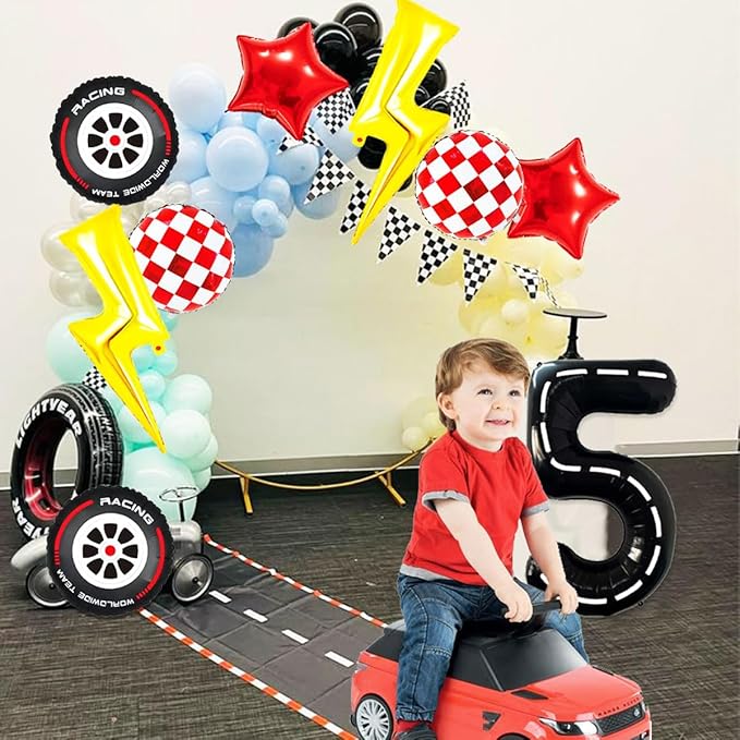Race Car Birthday Party Decorations Large Lightning Bolt Foil Balloons Race Car Balloons 40 Inch Racetrack Number 5 Balloon for Boys 5th Race Car Birthday Party Decor Supplies