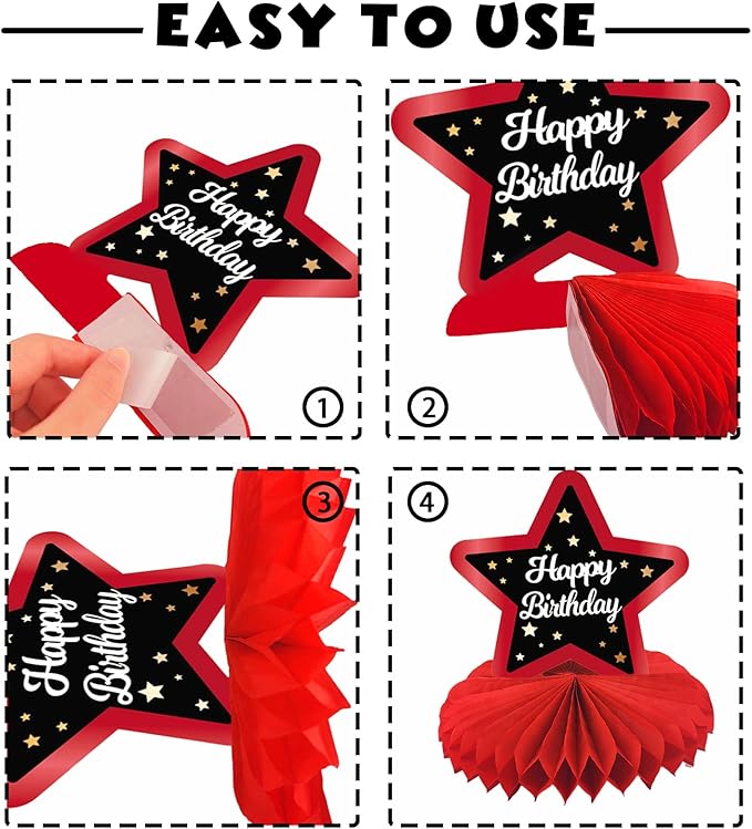 Happy 45th Birthday Red and Black Table Honeycomb Centerpieces Balloons Theme Decor Table Decorations Table Toppers for Girls Women Princess 45 Years Old Birthday Party Bday Supplies Background Gold
