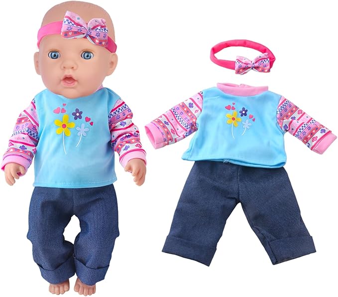 Baby Doll Clothes and Accessories 4 Sets Outfits for 14-18 Inch Dolls, 9 Pcs Dresses for 43cm New Born Baby Dolls Including Doll Dress, Headbands, Top and Pants