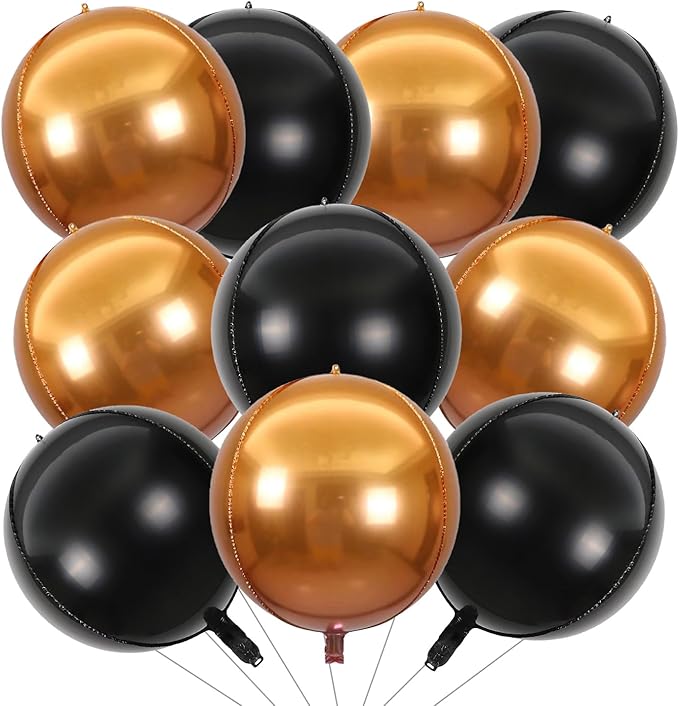 KALOR 22 Inch Black and Orange Foil Balloons, 10 Pcs Large 4D Giant Round Metallic Foil Balloon for Birthday Baby Shower Halloween Party Decorations