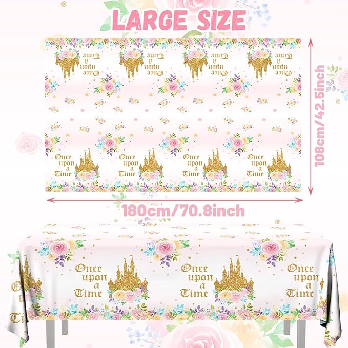 3PCS Princess Birthday Party Tablecloths Decorations, Once Upon a Time Birthday Decorations Plastic Princess Castle Party Floral Table Cover for Girls Baby Shower