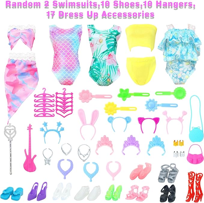 BJDBUS 50 Pcs Doll Clothes and Accessories, 2 Wedding Gowns 4 Fashion Dresses 2 Tops 2 Pants Outfits 2 Swimsuits Bikini 10 Shoes 10 Hangers 17 Accessories Stuffers for 11.5 inch Girl Doll
