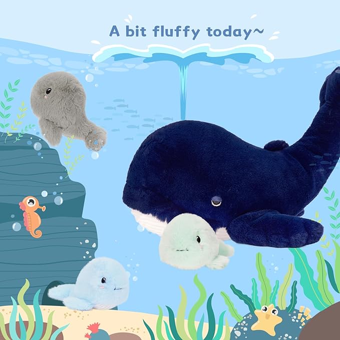 MaoGoLan 4 Pcs Blue Whale Plush Toy with 3 Babies Inside - 20 Inch Giant Stuffed Whale Plush Sea Animals Bulk for Kids Ocean Party Favors Marine Decorations Gifts Christmas Valentine's Day