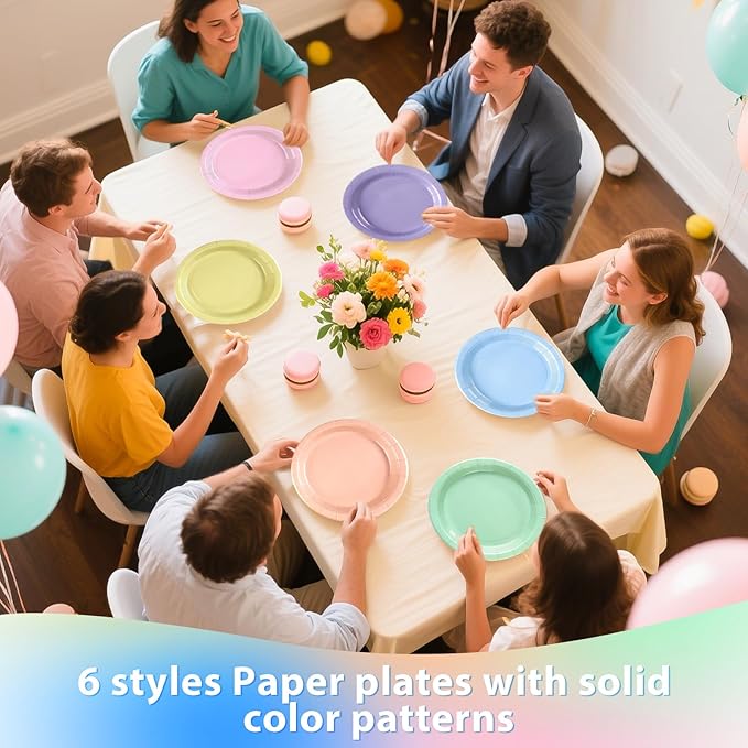 Grencian 60Pcs Pastel Rainbow Party Decorations 9" Pastel Rainbow Plates Disposable Solid Color Paper Dinnerware for Wedding Anniversary Birthday Bridal Baby Shower Summer Ice Cream Party Supplies