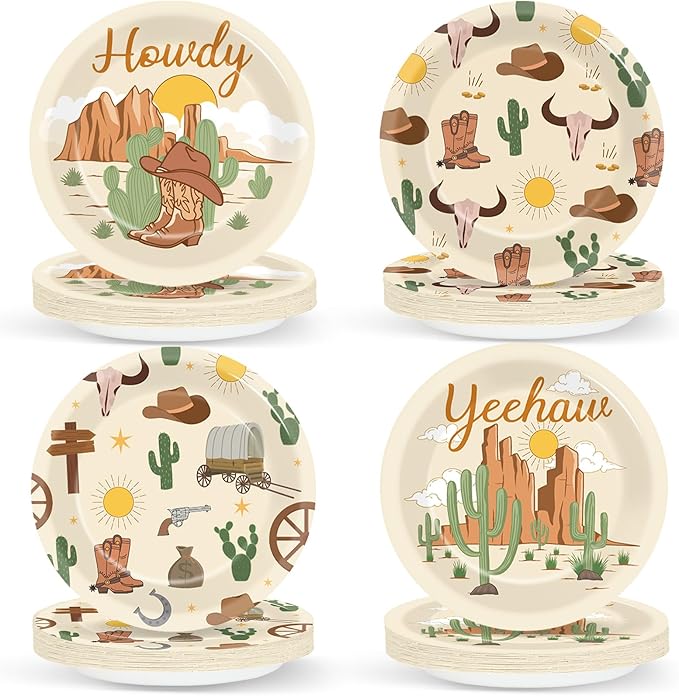 CHUNNIN 48Pcs Western Cowboy Rodeo Party Paper Plates for Wild West Theme Party Supplies 7" Howdy Cowgirl Yeehaw Birthday Party Disposable Plates for Baby Shower Favors Party Decorations