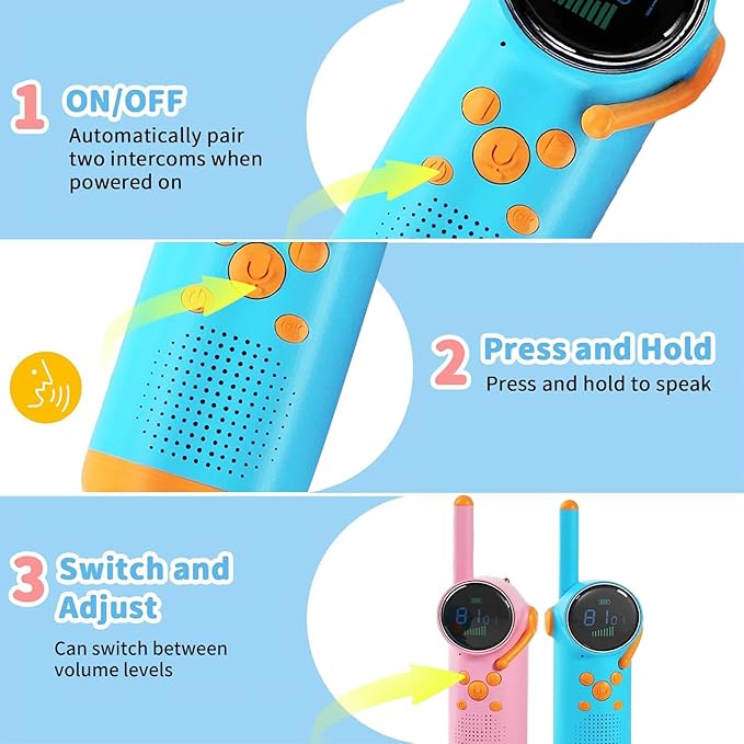 KOOMTOOM Walkie Talkies for Kids,2 Pack Rechargeable Walkies Talkies with LCD Flashlight & Alarm Clock,3 Miles Long Range for Boys and Girls(Blue+Pink)
