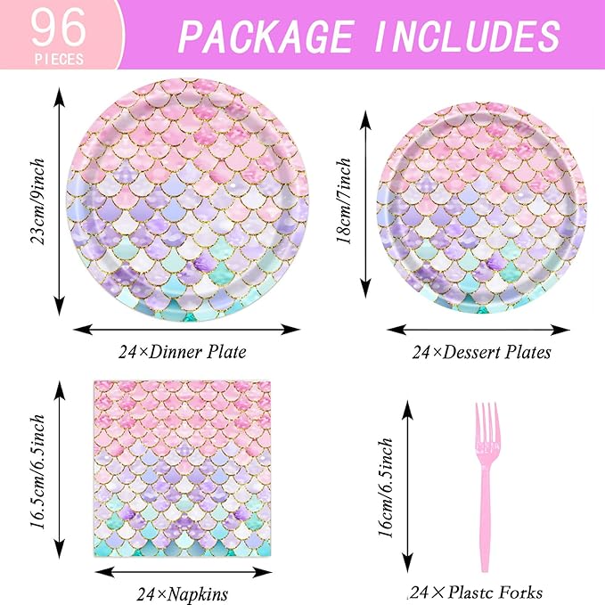 Dixutzi 96 Pcs Mermaid Birthday Party Decorations, Mermaid Party Supplies Including Paper Plate, Napkin and Fork, Ocean Theme Decor Tableware Set for Birthday, Serves 24