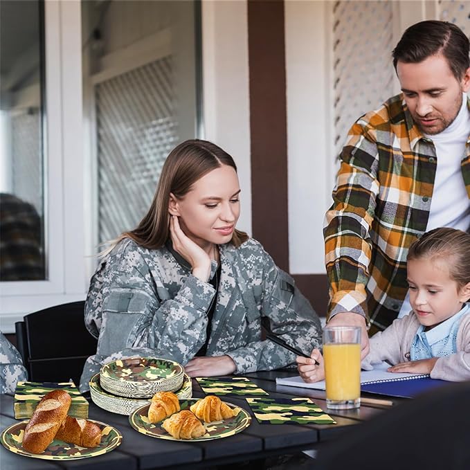 180PCS Camo Birthday Party Supplies Serve 60, Army Camouflage Theme Paper Plates and Napkins Kit for Camouflages Hunting Army Military Civil War Decorations