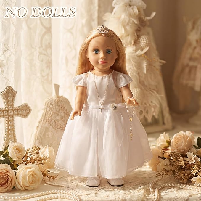 7 Pcs 18 Inches American Doll Clothes Outfit First Communion Dress with Matching Headband Veil Bracelet Shoes Socks Necklaces Fit 18 Inches Dolls, Doll Not Included(Crown)