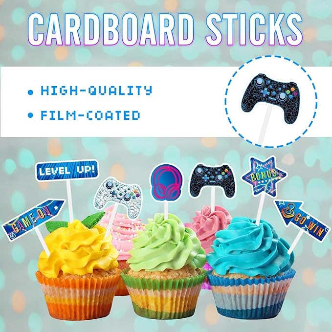 WERNNSAI 35 PCS Video Game Cupcake Toppers - Gaming Cake Toppers Game Birthday Party Cake Decorations for Kids Boys Gamer Cupcake Toppers Game Party Favors Supplies Gaming Night Party Cake Decors