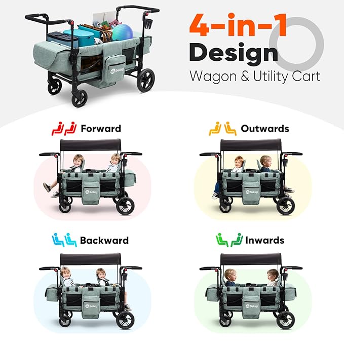 Sekey Wagon Stroller for 2 Kids, Luxury 4-in-1 Stroller Wagon - Premium Quality with Convertible Seats, Adjustable Push Handles, Removable Canopy, Snack Tray & Cooler, US Certified. Green