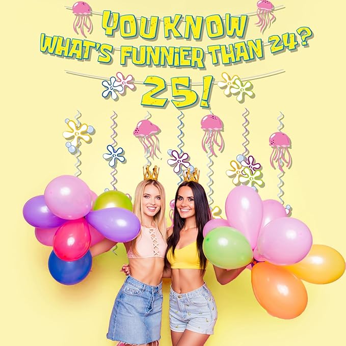 WHAT'S FUNNIER THAN 24? 25! Birthday Banner Carton Sponge Banner Jelly Fish Hanging Swirls Garlands Sea Animals Hanging Banner for Birthday Party Decorations Supplies Party Favors
