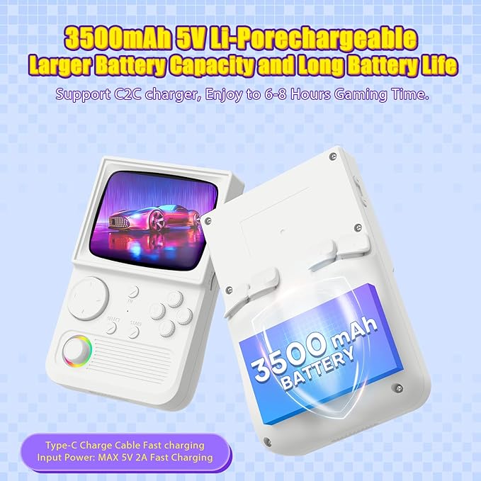 R36T Retro Gaming Console, 3.5'' IPS Screen CRT-Inspired, Handheld Game Console with 18000+ Classic Games Supports WiFi Networked Fighting and OTG, 3500mAh Battery, with Portable Case(White 64GB)