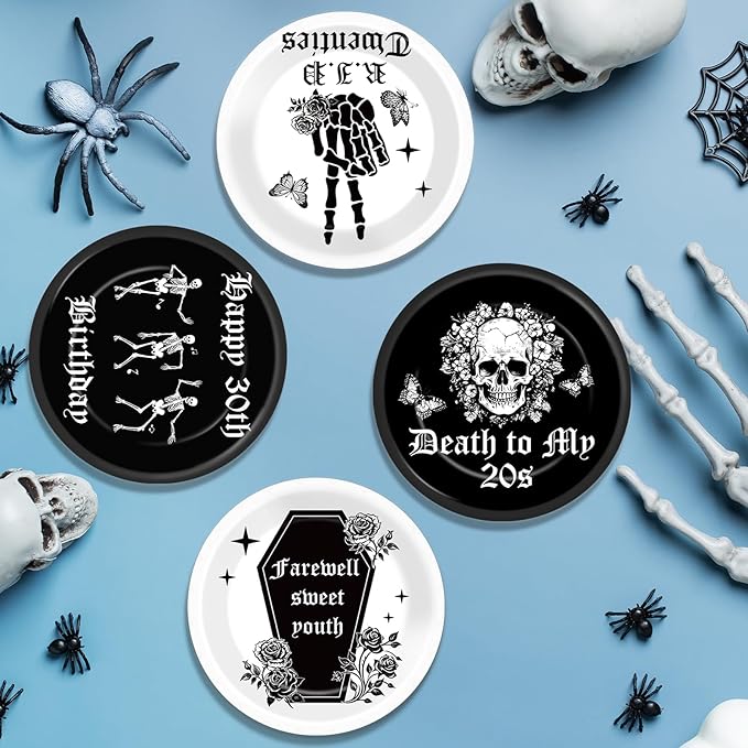 CHUNNIN 48Pcs Gothic Death to My 20s Party Paper Plates 30th Birthday Themed Party Supplies 7" Death to My Twenties Party Rip to My 20s Disposable Plates for 30th Birthday Party Decorations